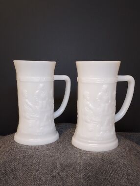 Vintage Federal Milk Glass German Style Stein with 3D Pub Scene